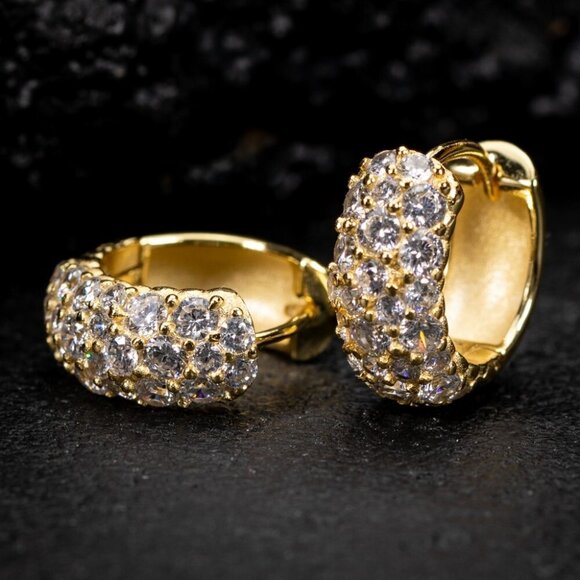 Honey Comb Flower Set Yellow Gold Plated 925 Sterling Silver Cz Hoop Earrings - Picture 1 of 7